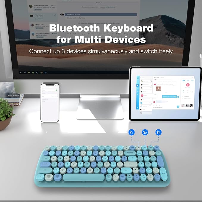 MOFII Wireless Bluetooth Keyboard, Typewriter Retro Round Keycaps Keyboard, Bluetooth 5.1 Tech Compatible with iPhone, iPad, Android, Windows, PC, Mac, Perfect for Home/Office (Blue Colorful)