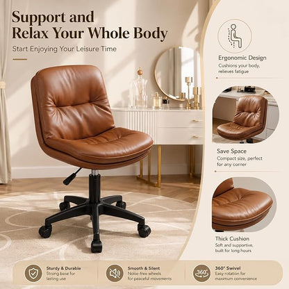 Vanity Chair with Back, PU Leather Swivel Office Desk Chair, Height Adjustable Armless Chair for Small Spaces, Bedroom, Vanity, Home Office （Brown）