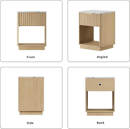 Fluted Nightstand, Modern Night Stand, Nightstand with Charging Station and Faux Marble Top, Wood End Table w/Storage, Bedside Table for Bedroom Sofa Home Office, Curved Corners,Natural Oak