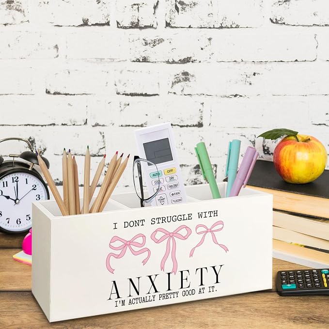 Bookmark Holder Decor Wooden Pen Pencil Holder for Desk, Anti Anxiety Mental Health Gifts Wooden Pen Pencil Holder, Coquette Pink Bow Wood Holder Organizer for Desk Vanity Bathroom Kitchen