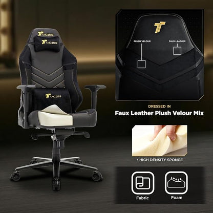 TTRACING Maxx Ergonomic Gaming Chair with 440 lbs Capacity | PU faux leather and velour seat for PC desk setup. Features stable aluminum base, 4D armrests, and 155° recline.