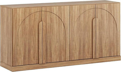 BELLEZE 64" Kitchen Storage Cabinet with Adjustable Shelves, Freestanding Accent Cabinet with Arch Wood Doors for Living Room, Dining Room, Entryway, Camel