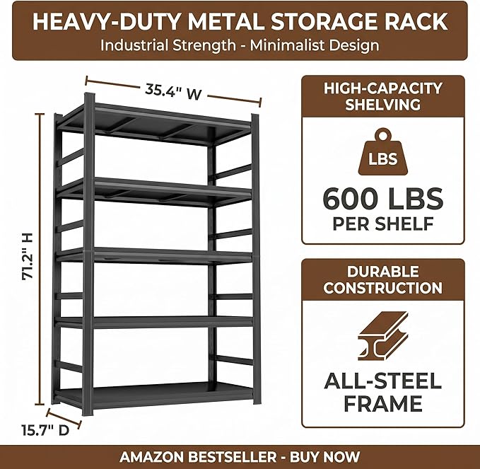 5 Tier Metal Bookshelf with Anti-Drop Fence, 72" H Adjustable Tall Bookcase, Heavy Duty 3000 LBS Modern Deep Book Shelf, Bolt-Free Storage Shelves for Living Room, Home Office, Garage