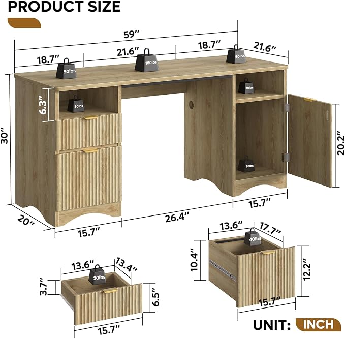 Bestier 59 inch Computer Desk with 2 Drawers, Office Desk with Storage File Cabinet and 2 Open Storage Shelves, Modern Fluted Executive Desk for Home Office Bedroom, Natural Oak