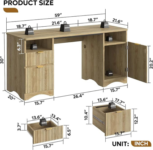 Bestier 59 inch Computer Desk with 2 Drawers, Office Desk with Storage File Cabinet and 2 Open Storage Shelves, Modern Fluted Executive Desk for Home Office Bedroom, Natural Oak