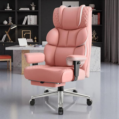 BestGlory Office Desk Chair, Big and Tall Leather Gaming Chair with Footrest, Ergonomic Comfy Executive High-Back Reclining Computer Chairs, Wide Swivel Rolling Wheels and Padded Lumbar Support, Pink