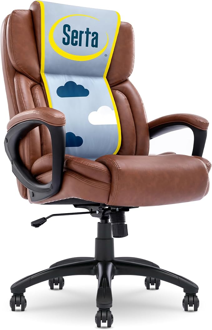 Serta Garret Executive Office Chair, Ergonomic Mid-Back with Lumbar Support, Semi-Plush Cushion and Body Pillows, Padded Armrests, Swivel Base, Bonded Leather, Cognac