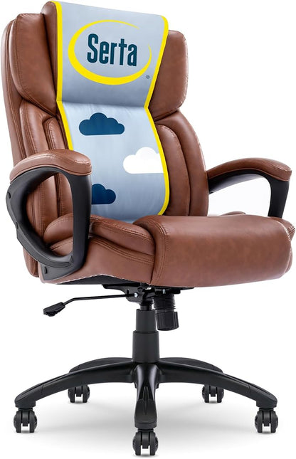 Serta Garret Executive Office Chair, Ergonomic Mid-Back with Lumbar Support, Semi-Plush Cushion and Body Pillows, Padded Armrests, Swivel Base, Bonded Leather, Cognac