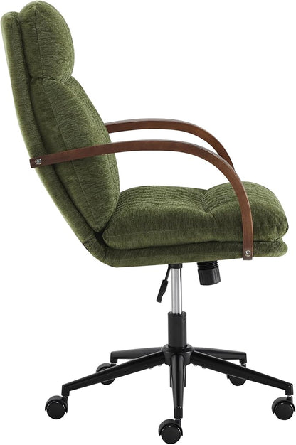 KISLOT Home Office Desk Chair, Ergonomic Office Chair with Lumbar Support, Adjustable Swivel Computer Chair with Wheels, Fabric Executive Task Chair with Wood Arms, Moss Green