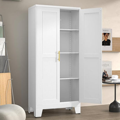 winiowa White Metal Pantry Cabinet with 2 Doors and Adjustable Shelves, 61" Kitchen Storage cabinets with Gold Handles, Versatile Storage for Laundry/Living/Dinning Room, Bathroom,Utility Room