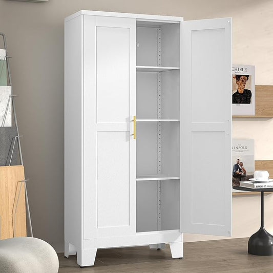 winiowa White Metal Pantry Cabinet with 2 Doors and Adjustable Shelves, 61" Kitchen Storage cabinets with Gold Handles, Versatile Storage for Laundry/Living/Dinning Room, Bathroom,Utility Room