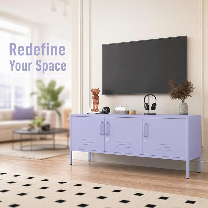 Purple TV Media Stand for 100" TV, 3 Door Metal Accent Cabinet with Removable Shelves, Steel Storage Locker for Living Room Bedroom, Lockable Door, 22" H X 47.3" W X 13.8" D