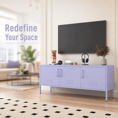 Purple TV Media Stand for 100" TV, 3 Door Metal Accent Cabinet with Removable Shelves, Steel Storage Locker for Living Room Bedroom, Lockable Door, 22" H X 47.3" W X 13.8" D
