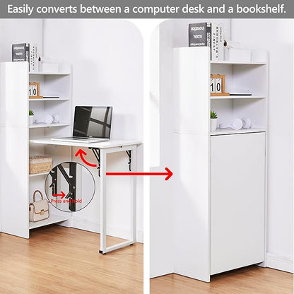Folding Desk with Storage,Space-Saving Foldable Desk, Wall Mount Fold Out Computer Table for Home Office (White)