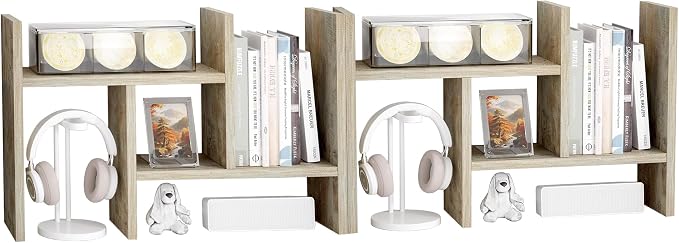 Jerry & Maggie Desktop Organizer Office Storage Rack Adjustable Wood Display Shelf Free Style Double H, Multi-Functional Mini Bookshelf for Desk Natural Stand (Gray Oak/2 Pack)