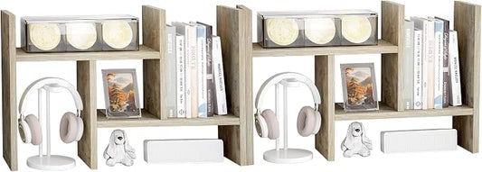 Jerry & Maggie Desktop Organizer Office Storage Rack Adjustable Wood Display Shelf Free Style Double H, Multi-Functional Mini Bookshelf for Desk Natural Stand (Gray Oak/2 Pack)