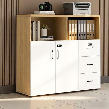 File Cabinet with Password Lock, Wood Lateral Filing Cabinet for Letter/A4 Files, 3 Drawer with Door, Printer Stand with Open Shelves for Home Office