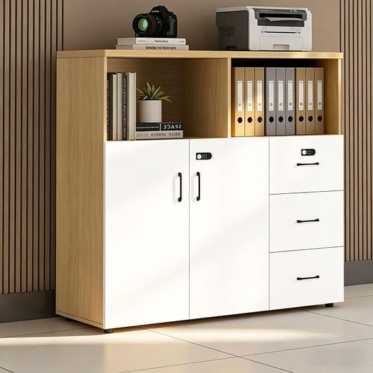 File Cabinet with Password Lock, Wood Lateral Filing Cabinet for Letter/A4 Files, 3 Drawer with Door, Printer Stand with Open Shelves for Home Office