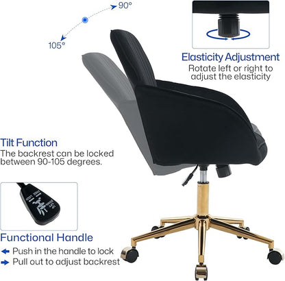 YISHENG Velvet Home Office Chairs with Gold Base, Height Adjustable 360 Degree Swivel Desk Chair with Wheels, Upholstered Tufted Modern Vanity Chairs for Living Room, Bedroom,Study Room (Black)