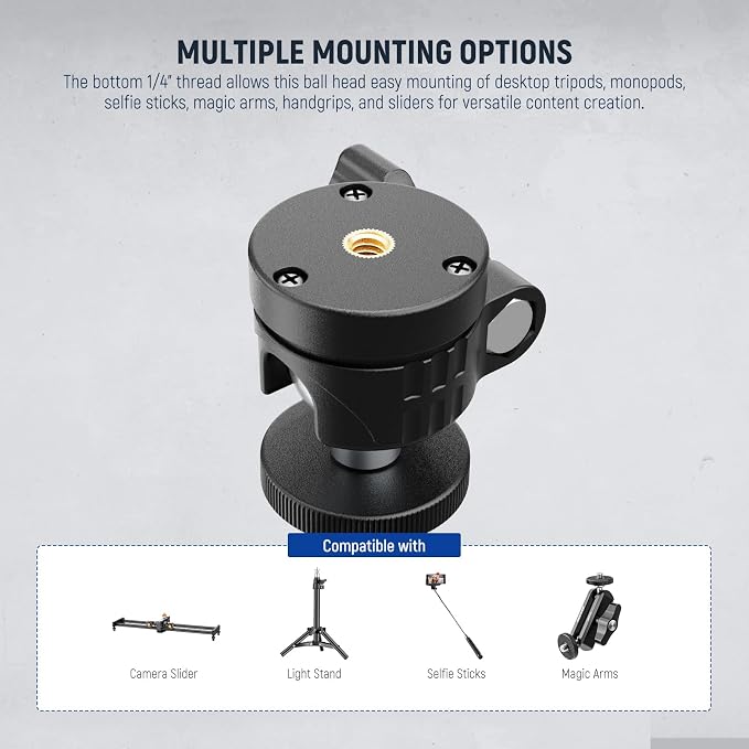 NEEWER Basic Mini Ball Head, Portable Tripod Head Camera Mount Adapter with 1/4" Screw for Compact DSLR Action Cam Phone LED Ring Light Monopod Slider, 4.4lb Max Load, 360° Swivel & 90° Tilt, GM01