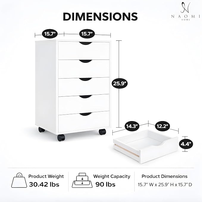 Naomi Home Under Desk Office File Cabinet with 5 Drawers, Rolling Storage Organizer with Lockable Wheels, Handle-Free Design & Spacious Top Surface, Compatible Cabinet for Home Office - White