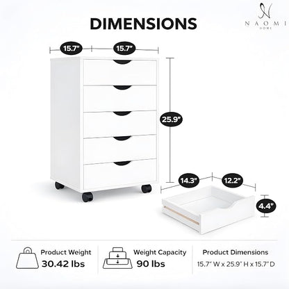 Naomi Home Under Desk Office File Cabinet with 5 Drawers, Rolling Storage Organizer with Lockable Wheels, Handle-Free Design & Spacious Top Surface, Compatible Cabinet for Home Office - White