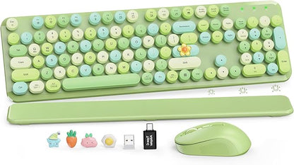 Wireless Keyboard and Mouse Combo, Cute Retro Typewriter Keyboard with Round Keycaps and Magnetic Wrist Rest, Full-Size 2.4GHz Cordless for Mac, Windows PC, Laptop, SABLUTE CK23, Green Multi-Color