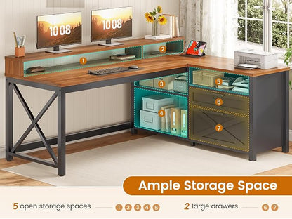 SEDETA L Shaped Gaming Desk with Drawers, 55" Farmhouse Computer Desk with File Drawer and Storage Shelves, Corner Gaming Desk with LED Lights and Monitor Shelf, Black and Brown