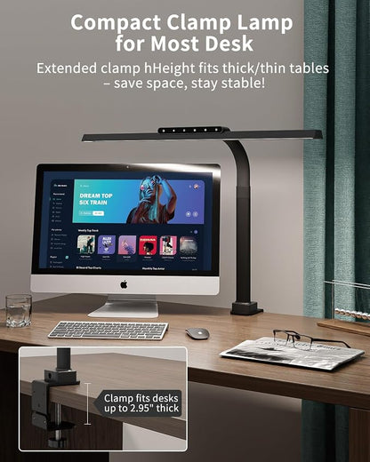 LED Desk Lamps for Home Office, 24W Bright Eye-Caring Light with Clamp, Stepless Dimming Adjustable Flexible Gooseneck Clip on Desk Office Lamp with Adapter for Reading, Study, Workbench,Black