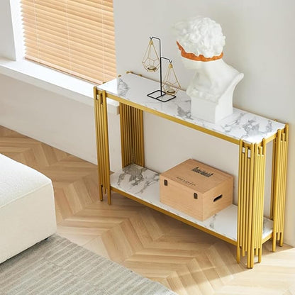 White Marble Coffee Table Set of 4, Faux Marble Coffee Tables, White Gold Console Table and 2 End Tables with Chrome Metal I-Base, Luxury 4 Piece Living Room Table Set for Home Office