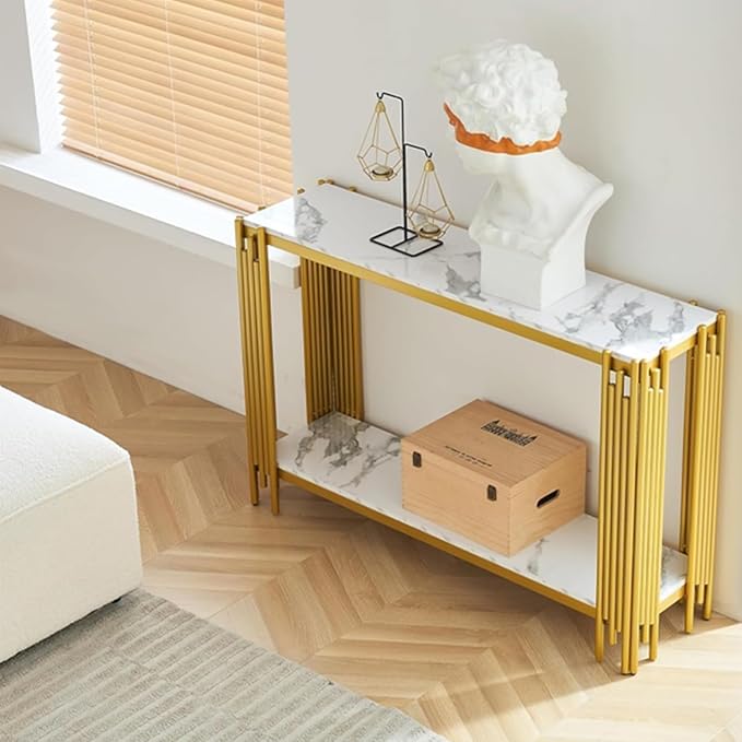 White Marble Coffee Table Set of 2, Faux Marble Coffee Tables and Gold White Console Table with Chrome Metal I-Base, Luxury Marble 2 Piece Living Room Table Set for Bedroom Home Office