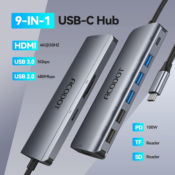 USB C Hub, Acodot 9-in-1 USB C Dongle, All-in-One USB C Hub Multiport Adapter with 3 x USB 3.0 ports, 4K HDMI, 100W Power Delivery, MicroSD/SD Card Reader for MacBook Air, MacBook Pro, XPS