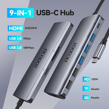 USB C Hub, Acodot 9-in-1 USB C Dongle, All-in-One USB C Hub Multiport Adapter with 3 x USB 3.0 ports, 4K HDMI, 100W Power Delivery, MicroSD/SD Card Reader for MacBook Air, MacBook Pro, XPS