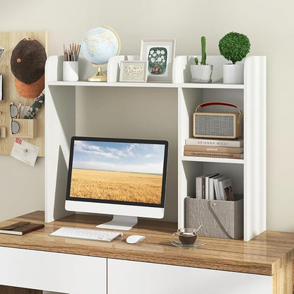 LDAILY Desktop Shelf, Multipurpose Wood Desk Hutch for Max 27" Computer Monitor, Countertop Storage Hutch with 5 Shelves, 3 Tier Desktop Display Rack for Dorm Office Home (White)