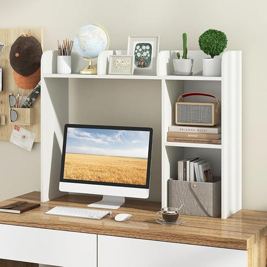 LDAILY Desktop Shelf, Multipurpose Wood Desk Hutch for Max 27" Computer Monitor, Countertop Storage Hutch with 5 Shelves, 3 Tier Desktop Display Rack for Dorm Office Home (White)