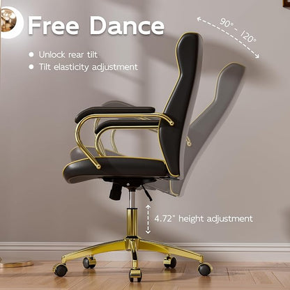 HomeZeer Black and Gold Office Chair, Luxury Leather Executive Desk Chair | Elegant Timeless Appeal, Vintage Mid Back Styling with Wheels and Padded Arms, Thick High Density Foam Comfort
