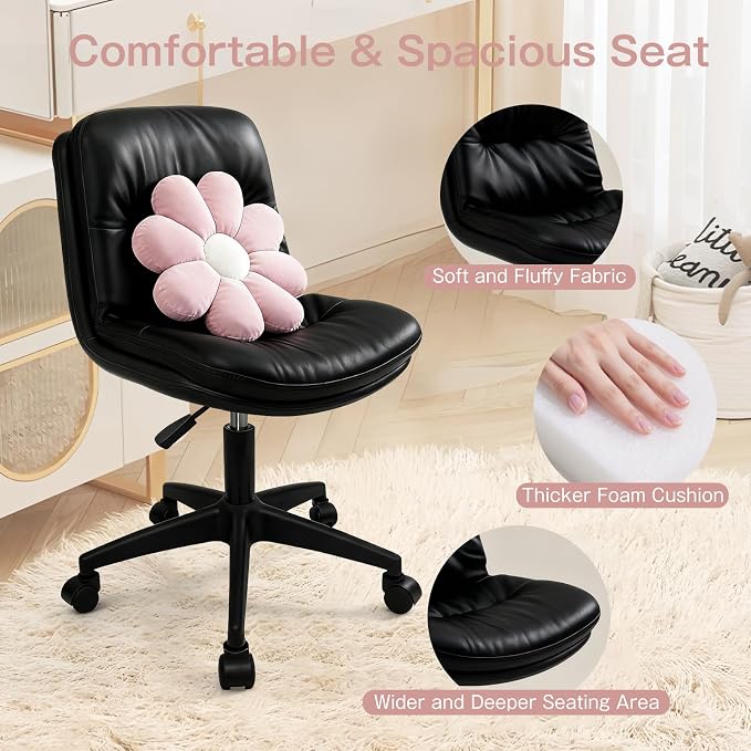 Small Office Desk Chair, PU Leather Armless Swivel Chair with Lumbar Pillow, Height Adjustable Task Chair for Small Spaces, Bedroom & Vanity Black