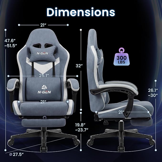 N-GEN GAMING Video Gaming Chair with Footrest Lumbar Support for Home Office High Back Recliner Height Adjustable Ergonomic Comfy Fabric Computer Desk Chair (Blue)