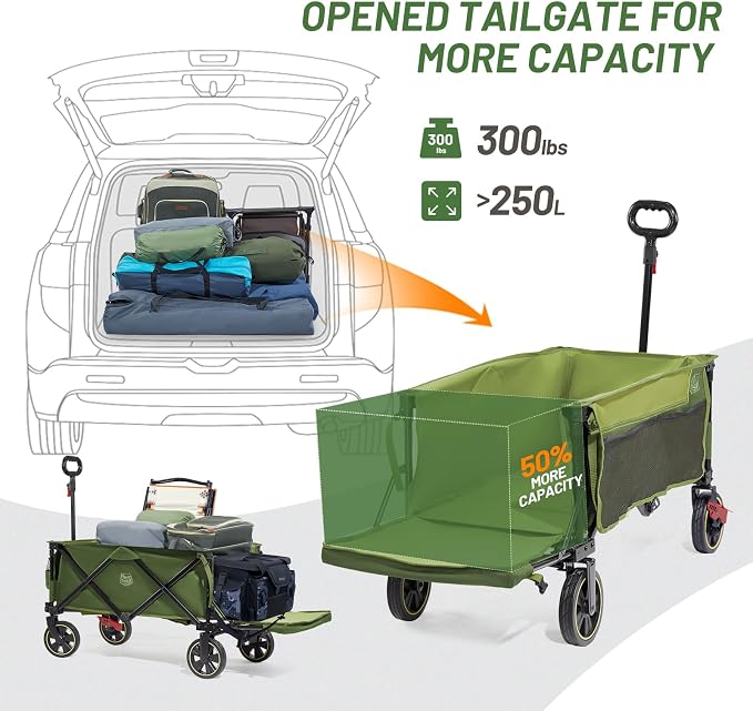 TIMBER RIDGE 49" Extra Long Collapsible Folding Wagon with Tailgate and Brakes, 300lbs Heavy Duty Wagon Carts Foldable, 250L Capacity Portable Cart for Dogs, Garden, Outdoor Camping Sports, Green