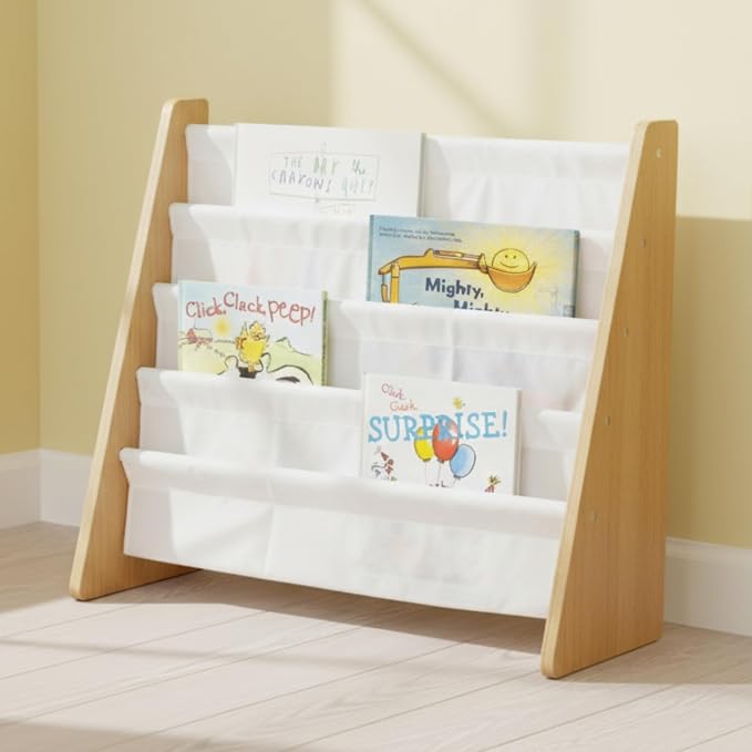 Humble Crew Kids Bookshelf, 4-Tier Front-Facing Book Display Organizer, Montessori Toddler Bookcase for Playroom, Bedroom & Reading Corner, Natural Wood/White