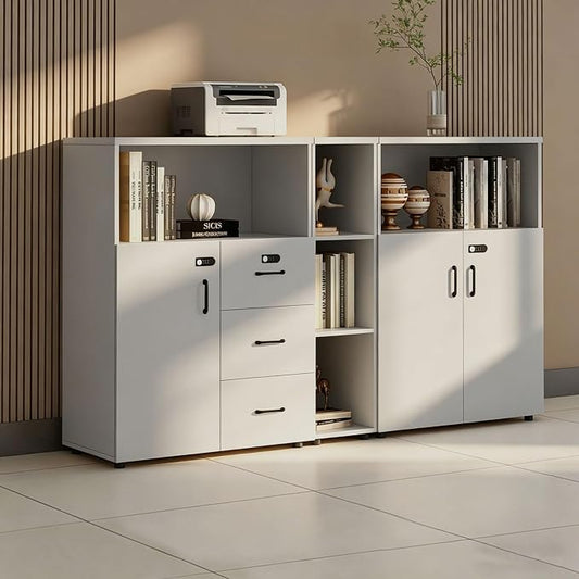 File Cabinet with Password Lock, Wood Lateral Filing Cabinet for Letter/A4 Files, 3 Drawer with Door, Printer Stand with Open Shelves for Home Office