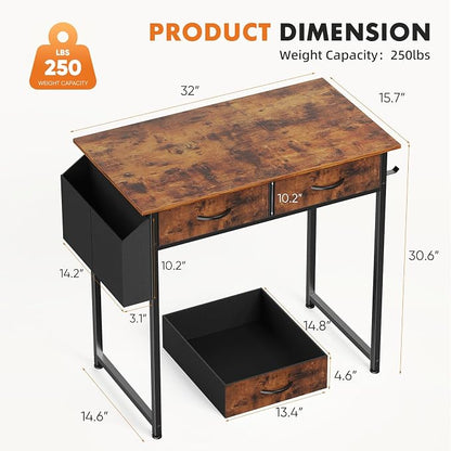 Sweetcrispy 32 Inch Small Computer Desk with Fabric Drawers for Bedroom Home Office, Writing Gaming Desks Study PC Table with Side Bag and Headphone Hook, Rustic Brown