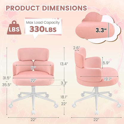 Home Office Chair, Pink Desk Chair with Unique Curved Back and Wide Seat, Swivel Tilt Height Adjustable Computer Chair with Wheels, Plush Velvet Fabric for Vanity, Metal Base