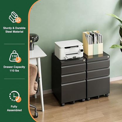 Letaya 3 Drawer Mobile File Cabinet with Lock,Under Desk Metal Filing Cabinets for Home Office Organizer Letters/Legal/A4((Fully Assembled-Black)