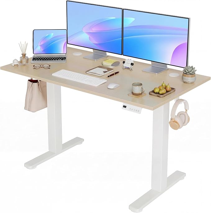 YDN Electric Standing Desk Adjustable Height, 48 x 24 Inches Sit Stand up Desk with Memory Presets & Cable Management, Home Office Desk for Office & Computer Workstation, White Frame/Nature Top