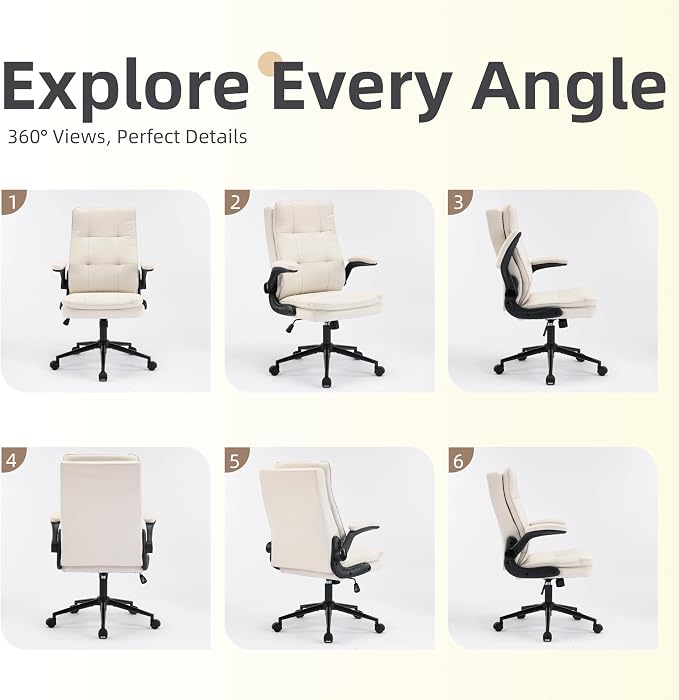 VINGLI Comfy Beige Leather Office Desk Chair, High-Back Support Ergonomic Computer Task Gaming Chair,with Removable wheels,360° Swivel,Adjustable Height,Flip-Up Arms,for Adults,Teen,Vanity,Home Office