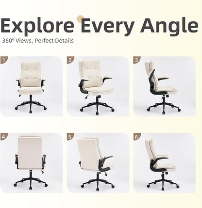 VINGLI Comfy Beige Leather Office Desk Chair, High-Back Support Ergonomic Computer Task Gaming Chair,with Removable wheels,360° Swivel,Adjustable Height,Flip-Up Arms,for Adults,Teen,Vanity,Home Office