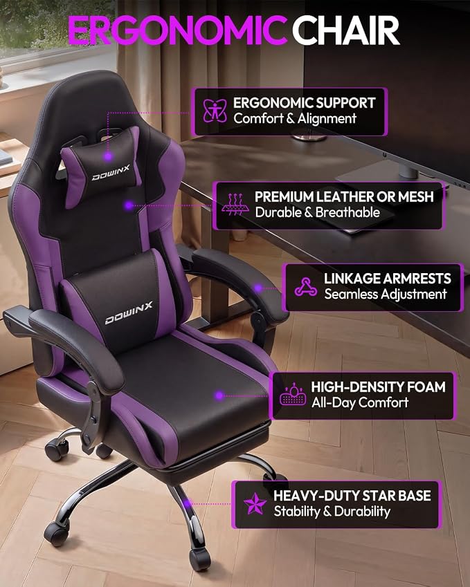 Dowinx Ergonomic Gaming Chair with Footrest & Massage Lumbar, 2D-Linkage Armrests for Computer Chair 330lbs with Headrest Pillow for Office, Home, Streaming and Long Gaming Sessions, Fabric Purple