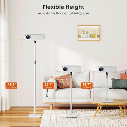 Universal Projector Stand – Height Adjustable Floor Stand with 360° Rotating Ball Head & 1/4" Screw, Heavy-Duty Base for Projectors, Cameras & Webcams – Blends with Warm Home Decor & White Devices