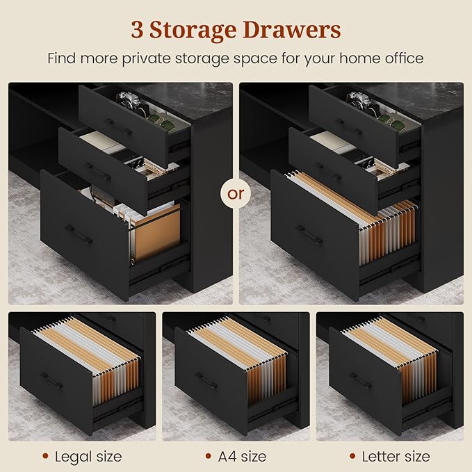 UPOSOJA 71" Executive Desk, Large Office Desk with Drawers & Storage Shelves, Modern L Shaped Computer Desk Corner Desk with Power Outlets, File Cabinet, Business Furniture Desk Workstation (Black)